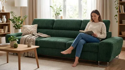 Produktbild von Schlafsofa SAVIO 3 Idylla – mit Schlaffunktion, Cordstoff in Grün, Family Meble, KI-generiertes Bild