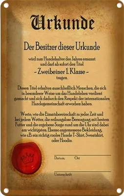 Produktbild von vianmo Blechschild 18x12 cm Hunde Urkunde Zweibeiner 1. Klasse Hund