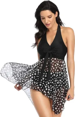 Produktbild von Tankini-Badeanzug für Damen, zweiteilig, mit Bauchkontrolle, hoher Taille, bedrucktem Rock und Boyshorts, AH001