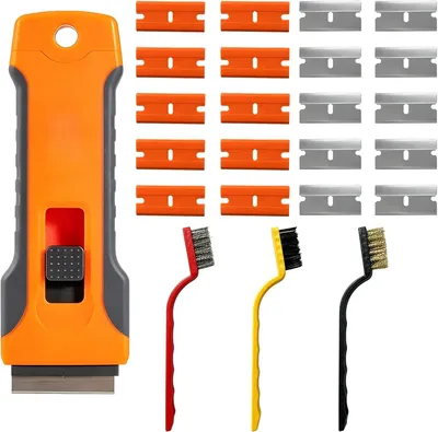 Imagen del producto de Juego de raspadores para vitrocerámica con 20 hojas de repuesto, 3 cepillos de acero, un raspador de cerámica para placas de cocción, y una espátula, apto para inducción y