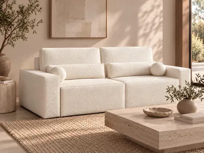 Produktbild von Sofa mit Schlaffunktion und Bettkasten, Polstersofa aus Bouclé, Couch für Wohnzimmer, Sofagarnitur Wohnlandschaft mit BettfunktionSchlafsofa Denver mini - Weiß (Anthology 1)