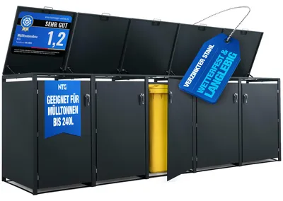 Produktbild von 5x Mülltonnenbox 240L Anthrazit – Mülltonnenverkleidung / Mülltonnenhaus aus verzinktem Stahl mit Soft-Close Deckel, Schloss & Belüftung
