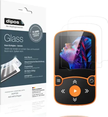 Produktbild von 2x Schutzfolie für AGPTEK A65 MP3-Player - Anti-Shock 9H Folie dipos Glass Kunststoffglas