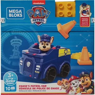 The image shows the packaging of a Mega Bloks Paw Patrol Chase's Patrol Car toy set. The packaging features the Paw Patrol branding, images of the toy car with Chase, and other Paw Patrol characters.