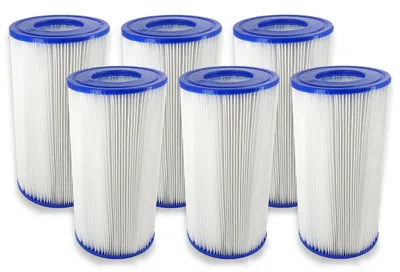 Six pool filter cartridges arranged in two rows on a white background.