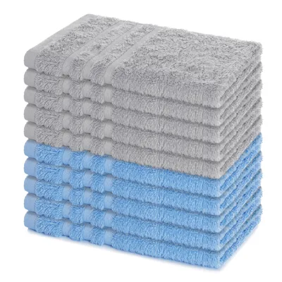 Zdjęcie produktu dla Zestaw 10 ręczników gościowych Lavea®, 30x50 cm, miękkie i chłonne ręczniki gościnne wykonane w 100% z bawełny, seria Elena, możliwość prania w temperaturze 60°C – kolor: błękitny i srebrny