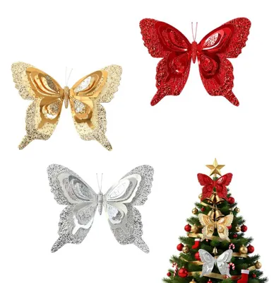 3 Schmetterlingsornamente, glitzernd, 25x20 cm, Weihnachtsbaumdeko