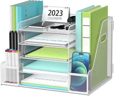 Obrázek produktu pro SUPTIDY 5-patrový papírový organizér na dokumenty s držákem na časopisy, organizérem na stůl a úložným prostorem se zásuvkou na kancelářské potřeby, bílý