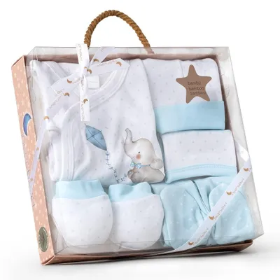 Produktbild von Set 5 Stk (Hemd+Hosen+Handschuhe+Bib+Socken)Neug Eboren(0-6 Monate)-Baumw.-Mod. Elefante - Blau