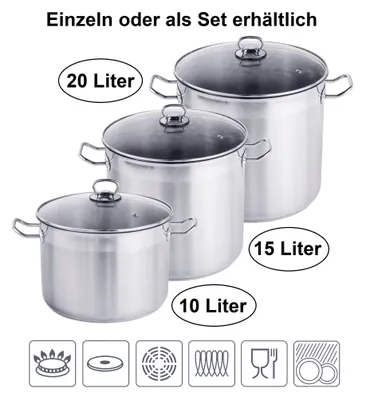Produktbild von 3er Set XXL Profi Universalkochtopf, 10, 15 und 20 Liter, für alle Herdarten
