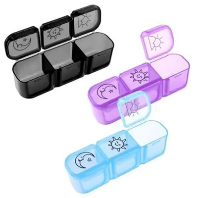 Produktbild von Tablettenbox 3 Fächer Morgens Mittags Abends 3er Set Tragbar Reise Camping Schwarz Blau Lila