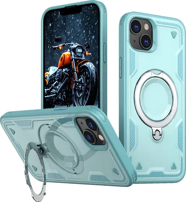 Produktbild von Dual Layer Hülle für iPhone 13/iPhone 14 Metall Ring Ständer Magnetisch Stoßfest Militär Handyhülle Türkis