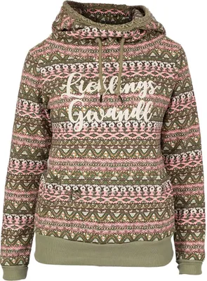 Produktbild von Hoodie QUINNLEY grün mit pink-weißem Muster, Schriftzug 'Lieblings Gwandl'