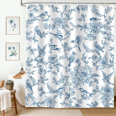 Produktbild von Duschvorhang im Retro-Landhausstil, 180 x 180 cm, mit blauen Blumen und Vögeln, Polyester, wasserdicht, maschinenwaschbar, mit 12 Ringen.