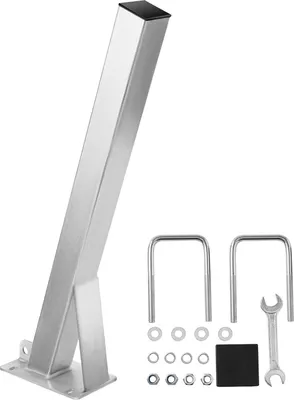 A silver metal winch stand and mounting hardware are displayed against a white background.