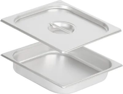 A stainless steel food pan and its lid are shown from a slight angle.