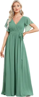 Produktbild von Langes Chiffonkleid für Damen mit Kreuzung im Ausschnitt, kurzen Rüschen und A-Linie, geeignet für Partys und Hochzeiten