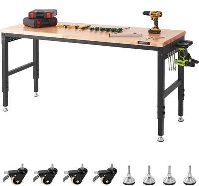 Produktbild von VEVOR Werkbank Höhenverstellbar, 183 x 64 cm Garagetisch mit 72 – 97 cm Höhen & 900KG Tragfähigkeit, mit Steckdosen & Holzplatte & Metallrahmen & Fußpolstern, für Büro Zuhause Werkstatt, 72 x 25 Zoll