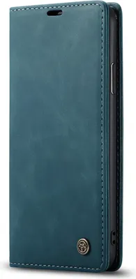 A teal leather flip case for a smartphone, shown from a diagonal angle.
