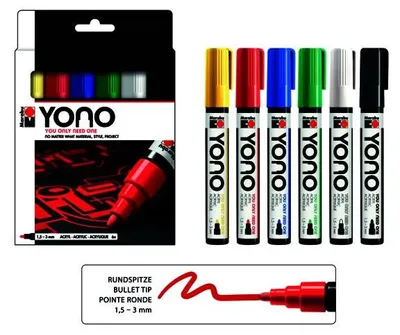 Productafbeelding van Marabu Marker Set YONO, 6 stuks, 1,5-3mm, kleuren: geel, kersenrood, donkerblauw, frisgroen, wit, zwart – voordeelverpakking van 5 stuks