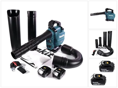 A collection of Makita leaf blower parts and accessories laid out on a white background.