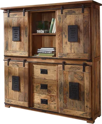 A wooden highboard with sliding doors and drawers.