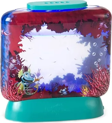 A toy aquarium with cartoon sea creatures and coral.