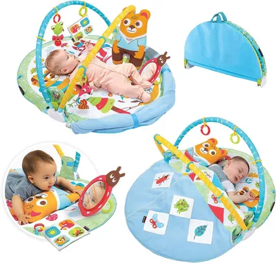 Produktbild von Yookidoo Baby Gym Play ’N’ Nap 3-in-1 Spielmatte – Baby Spielbogen mit Faltbarer Babydecke, Bauchlage-Kissen, Spiegel & 5 Sensorik-Spielzeugen, Activity Center für Neugeborene 0–12 Monate