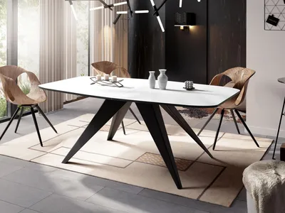 Produktbild von Ausziehbarer Esstisch im Loft-Stil - Industrieller Tisch mit Schwarzen Metallbeinen - Modernes Design für Wohnzimmer - 180 cm Ausziehbar auf 220 cm - Weiß