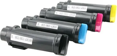 Four toner cartridges are arranged diagonally against a white background.