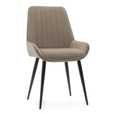 A single, upholstered dining chair with dark beige fabric and black legs, photographed in isolation against a white background.