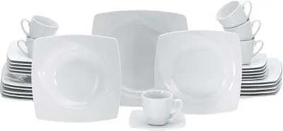 A set of white ceramic dishes, including plates, bowls, and cups, arranged on a white background.