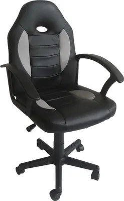 A black and gray office chair with a white background.