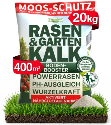 Produktbild von DÜNGEMEISTER Rasenkalk 20 kg – hochwertiger Rasen- & Gartenkalk zur pH-Optimierung und Bodenverbesserung – verbessert Nährstoffaufnahme, beugt Moosbildung vor, sorgt für kräftigen Rasen im Garten, KI-generiertes Bild