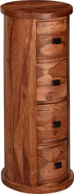 A tall, cylindrical wooden cabinet with five drawers is shown against a white background.