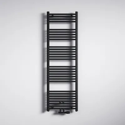 A black towel radiator mounted on a white wall.