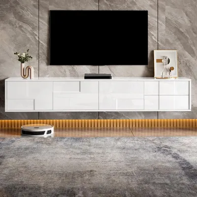 Image de Meuble TV suspendu moderne, jusqu'à 170 cm de largeur, avec finition laquée brillante et 3 portes