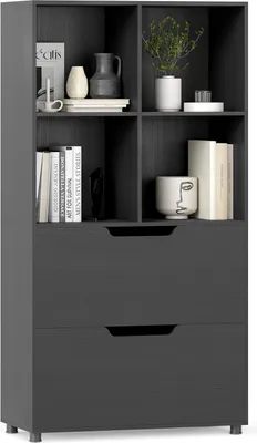Immagine prodotto di COSTWAY Libreria a 4 cubi con 2 cassetti, libreria a 5 livelli, scaffale a cubo in legno, mobile contenitore, 70x33,5x130cm, nero