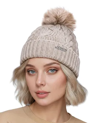 Produktbild von Damen Strick-Mütze Merino Wollmütze Bommelmütze Wintermütze mit Umschlag Pudelmütze Strickbeanie Neverless®