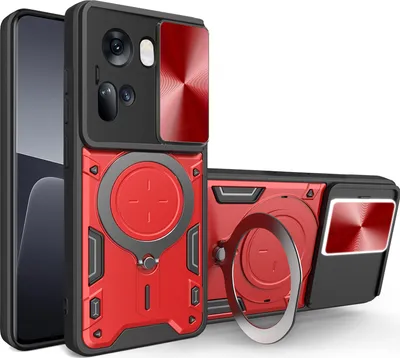Produktbild von Handyhülle für Oppo Reno11 Dual-Layer Stoßfest Rüstung Hülle mit Dia Kameraschutz und Kreisförmig Ring Ständer Rot