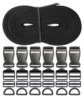 Gurtband-Set 6 m, 25 mm, schwarz, mit Schnallen und D-Ringen