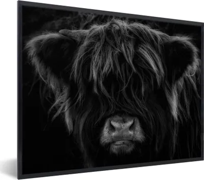 Produktbild von MuchoWow® Gerahmtes Poster Schottischer Highlander - Kuh - Schwarz - Weiß - Porträt 80x60 cm - Poster mit Schwarzem Bilderrahmen Wandposter Rahmen Foto Bilder - Schwarzem - Mit Gestell