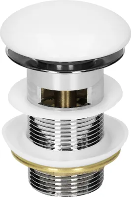 A close-up studio shot of a sink drain assembly.
