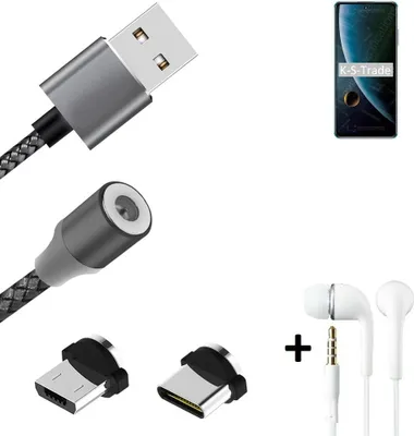 Produktbild von K-S-Trade® Hochwertiges Magnet-Lade-kabel Sync-Kabel Daten-Kabel + Kopfhörer für ZTE Blade V30 mit USB-Typ-C-Anschluss und Micro-USB-Anschluss 2A