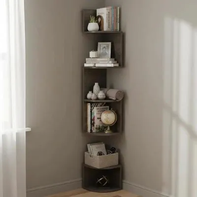 Immagine prodotto di Mensola angolare a 5 ripiani, sospesa, per libri, da montare a parete, organizer – legno di quercia francese