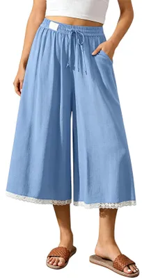 Produktbild von ASKSA Damen Caprihose Leinen Weites Bein 3/4 Hose Sommer Elegant Casual Leicht Freizeithose mit Taschen (Blau,S)