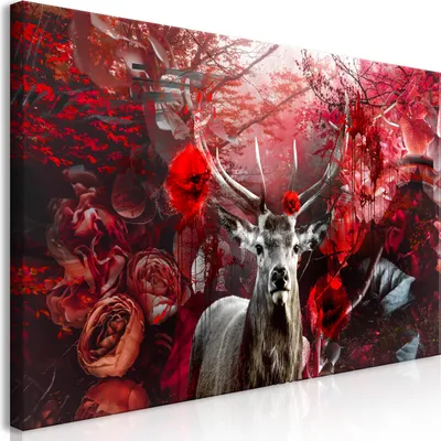 Produktbild von Wandbild Mega XXXL Hirsch 250x125 cm Einteiliger XXL-Format Kunstdruck zur Selbstmontage Leinwandbilder moderne Bilder DIY Wanddekoration Wohnung Deko Tier grau rot Blumen g-C-0334-ak-e