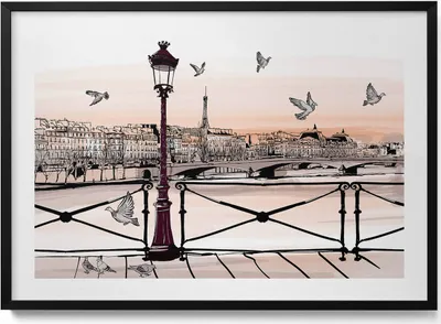 Produktbild von Sonnenuntergang über der Seine– Wandbild mit Rahmen – Gerahmtes Bild  – Wanddekoration – 100x70 cm –  Schwarz Rahmen