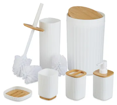 Obrázok produktu pre Relaxdays Badezimmer Set, Biela, Drevo, Bamboo, Plast, Voľne stojace, 6 kusov