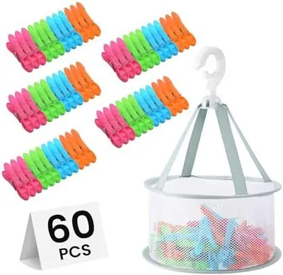 Produktbild von 60 Stück Wäscheklammern mit Korb klammerkorb zum aufhängen, Windfeste Wäscheklammern Ohne Abdruck,Atmungsaktives Mesh klammerkorb für wäscheklammer sockenklammern für Wäscheleinen,Kleidung,Camping